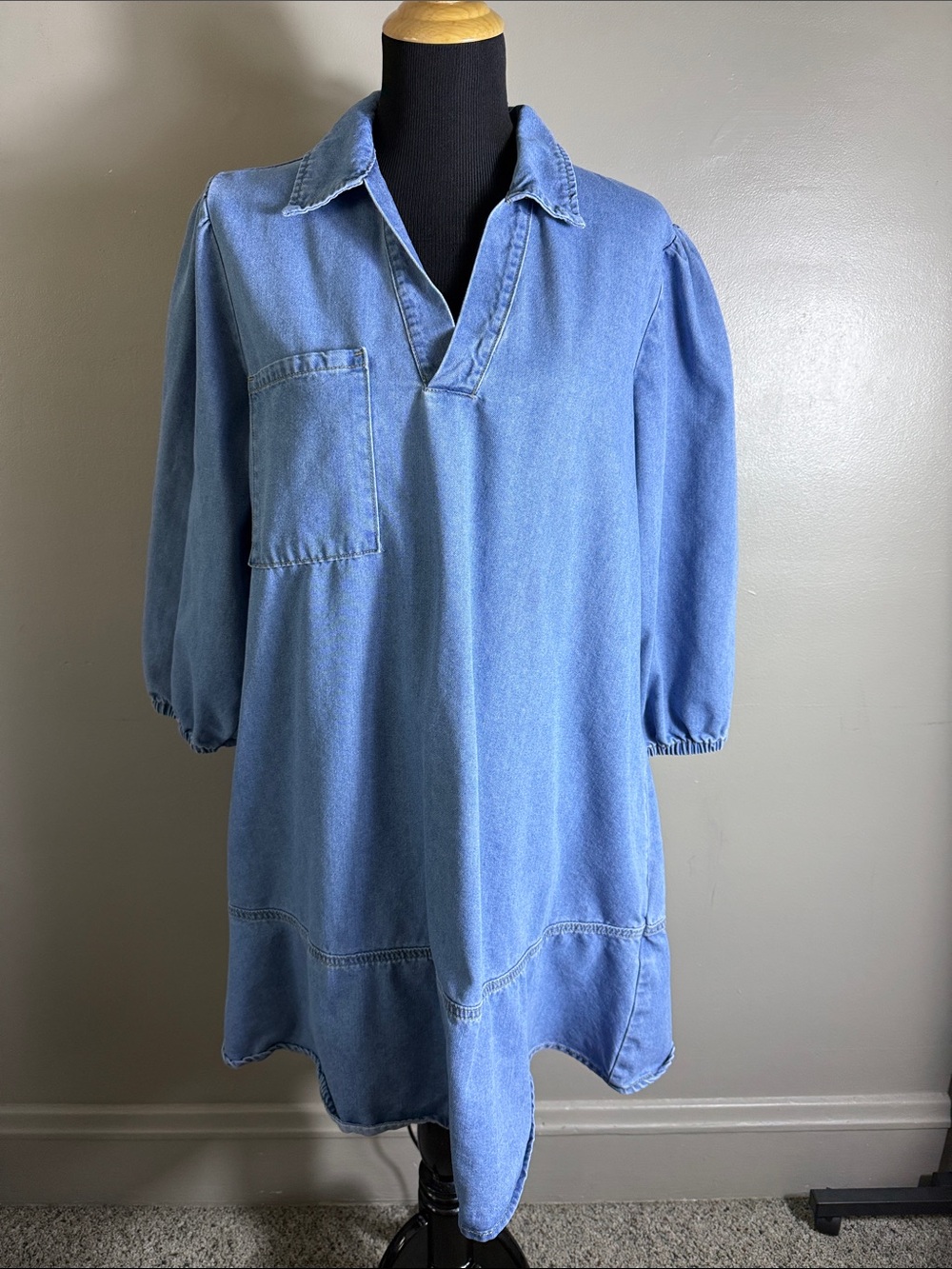 Dokotoo Light Blue Denim Shirt Dress Babydoll Jean Dress Above Knee V-Neck Sz XL